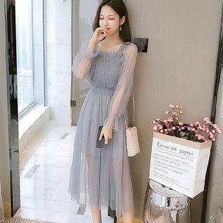Long-sleeve A-line Midi Mesh Cocktail Dress