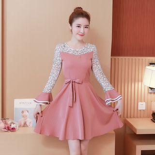 Lace Panel Long Sleeve Striped Dress