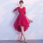 Lace-up Back Elbow-sleeve Mesh A-line Cocktail Dress
