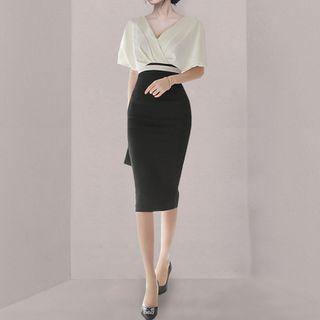 V-neck Two-tone Midi Bodycon Dress