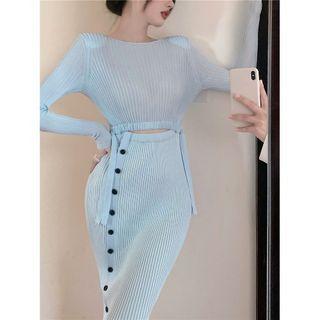 Knit Cutout Slit Midi Bodycon Dress Blue - One Size