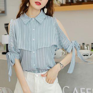 Cold Shoulder Striped Elbow-sleeve Top
