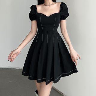 Puff-sleeve Contrast Stitched A-line Dress