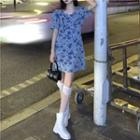 Short-sleeve Floral Print A-line Dress Floral - Light Blue - One Size