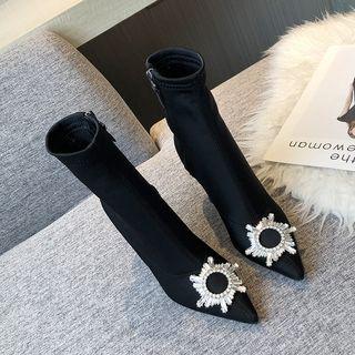Embellished Kitten-heel Pointed Short Boots