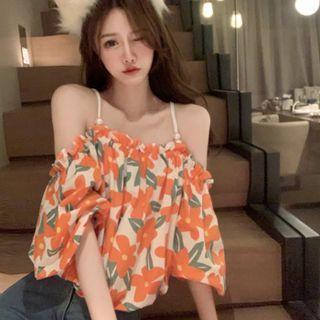 Cold-shoulder Floral Blouse Orange & Green & Light Almond - One Size
