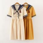 Short-sleeve Sailor Collar Midi A-line Dress Tangerine - One Size