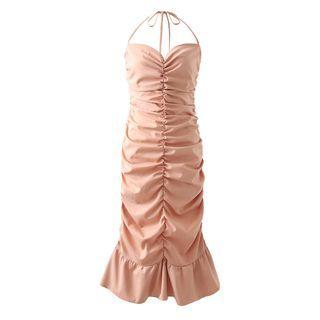Halter-neck Shirred Midi Sheath Dress