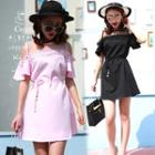 Off-shoulder Gathered-waist Short-sleeve A-line Panel Sheath Dress