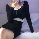 Off-shoulder Long-sleeve Cropped T-shirt / Drawstring A-line Skirt
