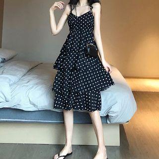 Spaghetti Strap Polka Dot A-line Tiered Dress