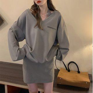 Halter-neck Mini A-line Dress / Lettering V-neck Sweatshirt