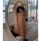 3/4 Sleeve Open-placket Plain Slit-side Shirtdress