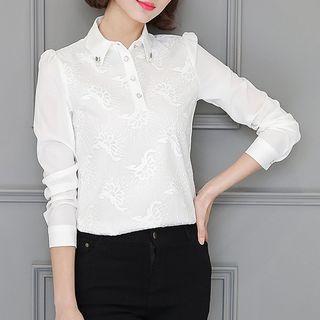 Half Placket Long-sleeve Chiffon Blouse