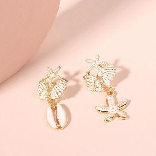Non-matching Alloy Starfish & Shell Dangle Earring Gold - One Size