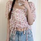 Short-sleeve Floral Print Drawcord Crop Top Pink - One Size