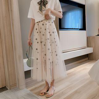 A-line Mesh Overlay Dotted Midi Skirt