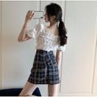 Square-neck Short-sleeve Blouse / Plaid A-line Skirt
