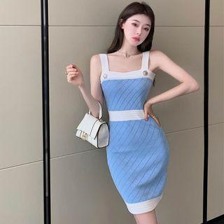 Spaghetti Strap Contrast Trim Knit Mini Sheath Dress