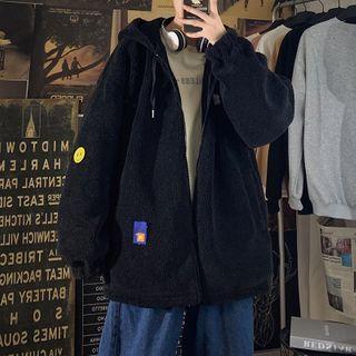 Reversible Patch Shearling Zipped Hooded Jacket