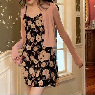 Spaghetti Strap Floral Print Midi A-line Dress / Cardigan / Set