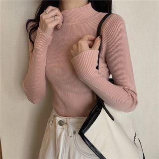 Mock-neck Plain Ribbed Top