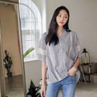 Mandarin-collar Lace-trim Stripe Blouse