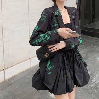Long-sleeve Flower Print Blazer / Ruched A-line Dress