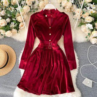 V-neck Halter Velvet Long-sleeve Dress