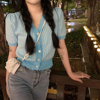 Short-sleeve Button-up Plaid Knit Top