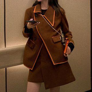 Set: Contrast Trim Blazer + Asymmetrical Mini A-line Skirt
