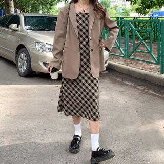 Color Block Plaid Dress / Single-breasted Suit