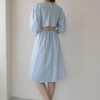 Puff-sleeve Buttoned Slit-back Midi Dress Light Blue - One Size