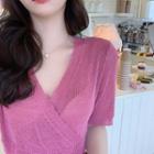 Plain V-neck Short-sleeve Knit Top Rose Pink - One Size