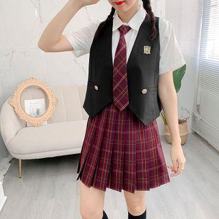 Double Breasted Vest / Shirt / Plaid Skirt / Tie / Set