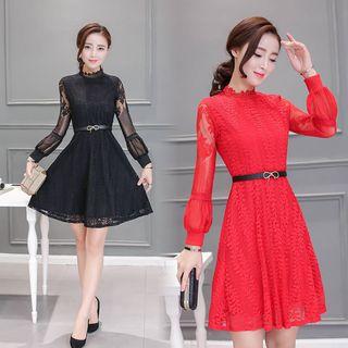Lantern Sleeve Mock Collar Lace Dress