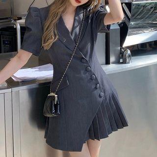 Puff-sleeve Pleated Mini A-line Blazer Dress