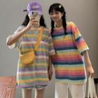 Print Striped Elbow-sleeve T-shirt