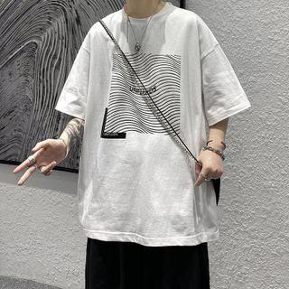 Print Round Neck Oversized Elbow Sleeve T-shirt