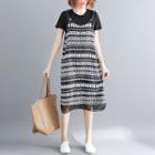 Set: Short-sleeve Top + Spaghetti Strap Patterned Midi Dress
