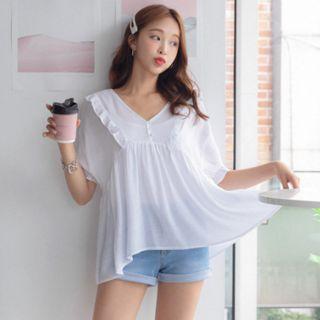 Plus Size Elasticized-sleeve Frilled Empire-waist Blouse