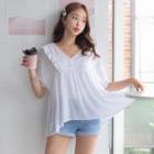 Plus Size Elasticized-sleeve Frilled Empire-waist Blouse