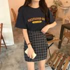 Set: Short-sleeve Lettering Print T-shirt + Fitted Plaid Mini Skirt