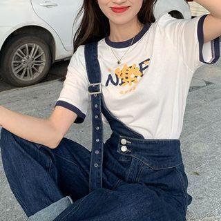 Short-sleeve Lettering T-shirt / One-shoulder Denim Dungaree Pants