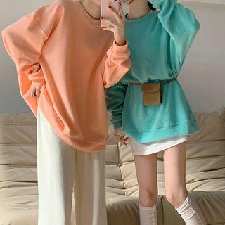 Long-sleeve Plain Round-neck Off-shoulder Sweatshirt