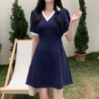 Short-sleeve Collar Mini A-line Dress / Midi A-line Dress