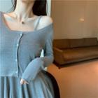 Long-sleeve Plain Knit Cardigan / Sleeveless Plain Dress