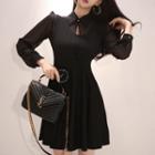 Bow Neck Long-sleeve Mini A-line Dress
