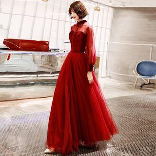 Stand Collar Velvet Panel Mesh A-line Evening Gown / Cocktail Dress