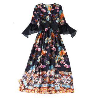 3/4-sleeve Printed Frill Trim A-line Maxi Dress